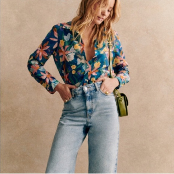 SEZANE Blue Pink Yellow Floral Lightweight Silk Cotton Button Down Pierro Shirt - Picture 6 of 15